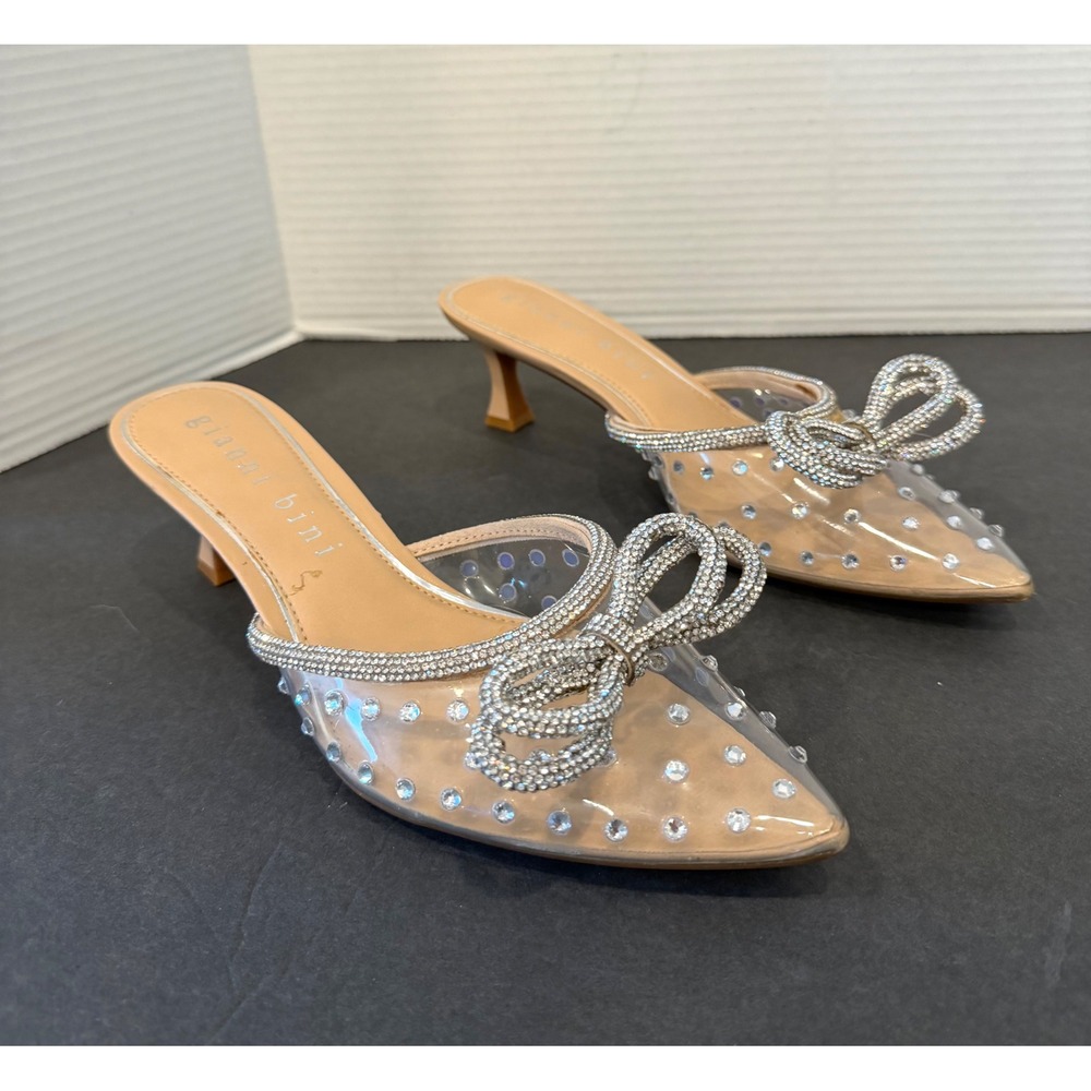 NWT Gianni Bini Clear Rhinestone Studded Bow Pointed Toe Kitten Heel Mules Sz 8 - Picture 3 of 9